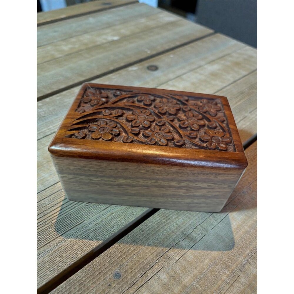 Vintage Hand-Carved Wooden Keepsake Box With Floral Design & Sliding Bottom Lid